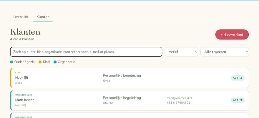 De klantenlijst met gekleurde balken per soort