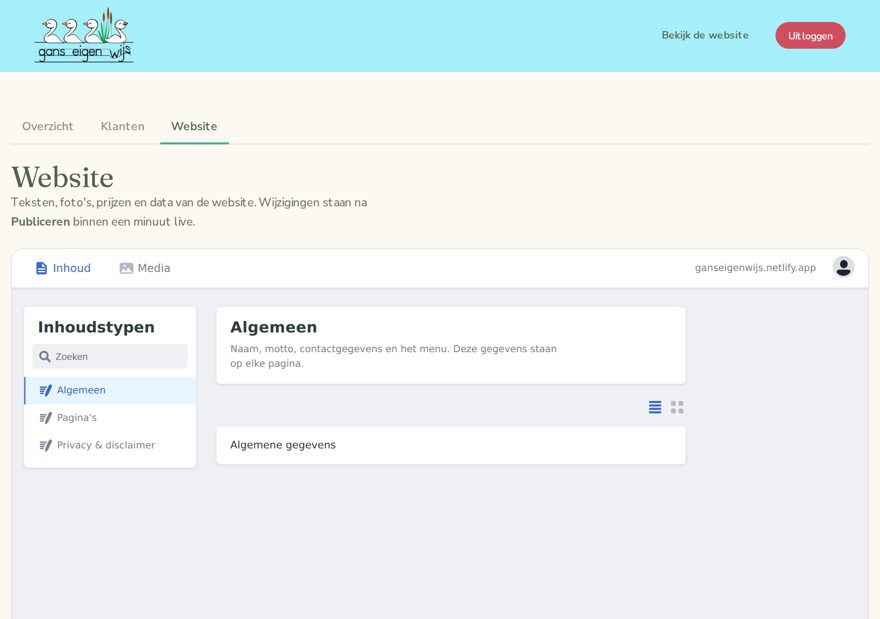 Het tabblad Website met de onderdelen Algemeen, Pagina's en Privacy